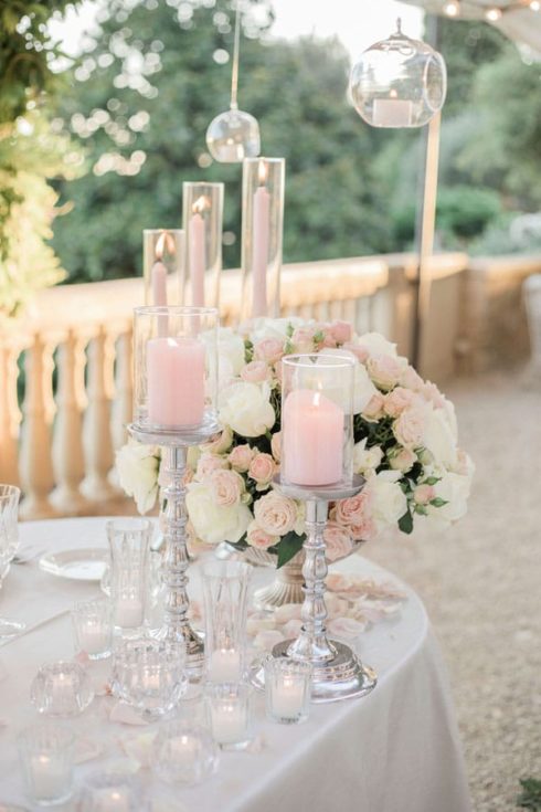 Soft Pink Candles and Florals at Tuscan Wedding