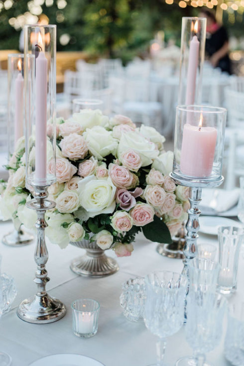 Soft Pink Candles and Florals at Tuscan Wedding